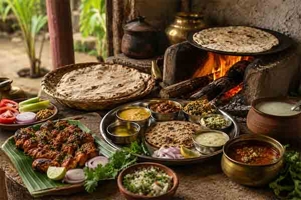 Traditional village style food served at picnic resorts near Panshet