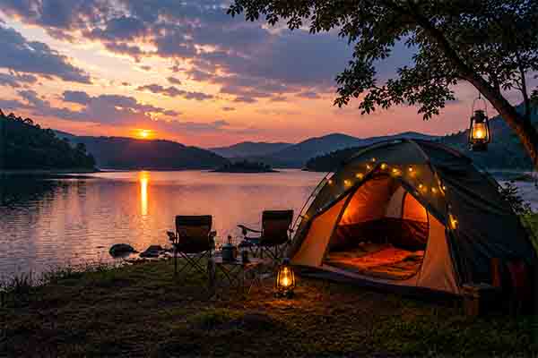 Lakeside camping tents near Panshet Dam and backwaters