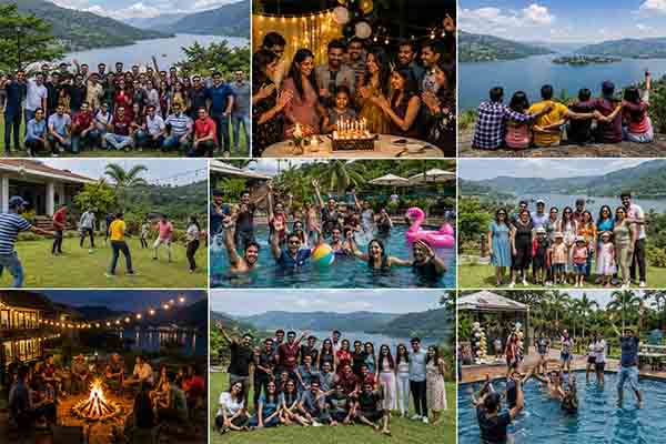 Family and group picnic outing near Panshet backwaters and village resorts