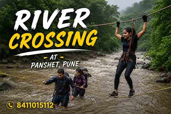 Ropeway river crossing activity near Panshet Dam during rainy season
