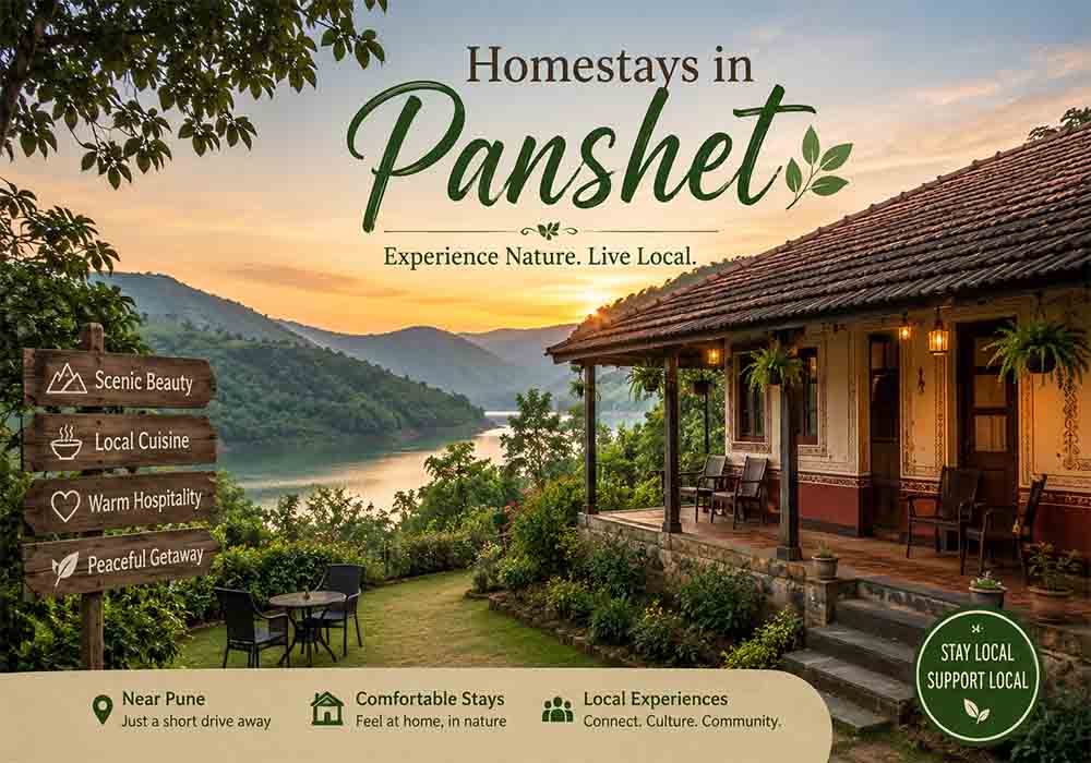 Village homestays near Panshet Dam with scenic hills and countryside views
