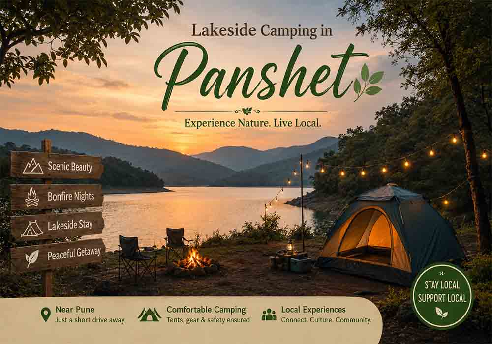 Village camping tents near Panshet lake surrounded by hills and nature