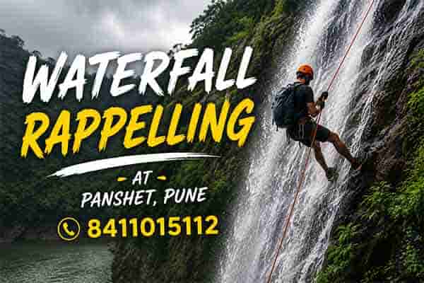 Waterfall rappelling adventure activity in Panshet during monsoon season